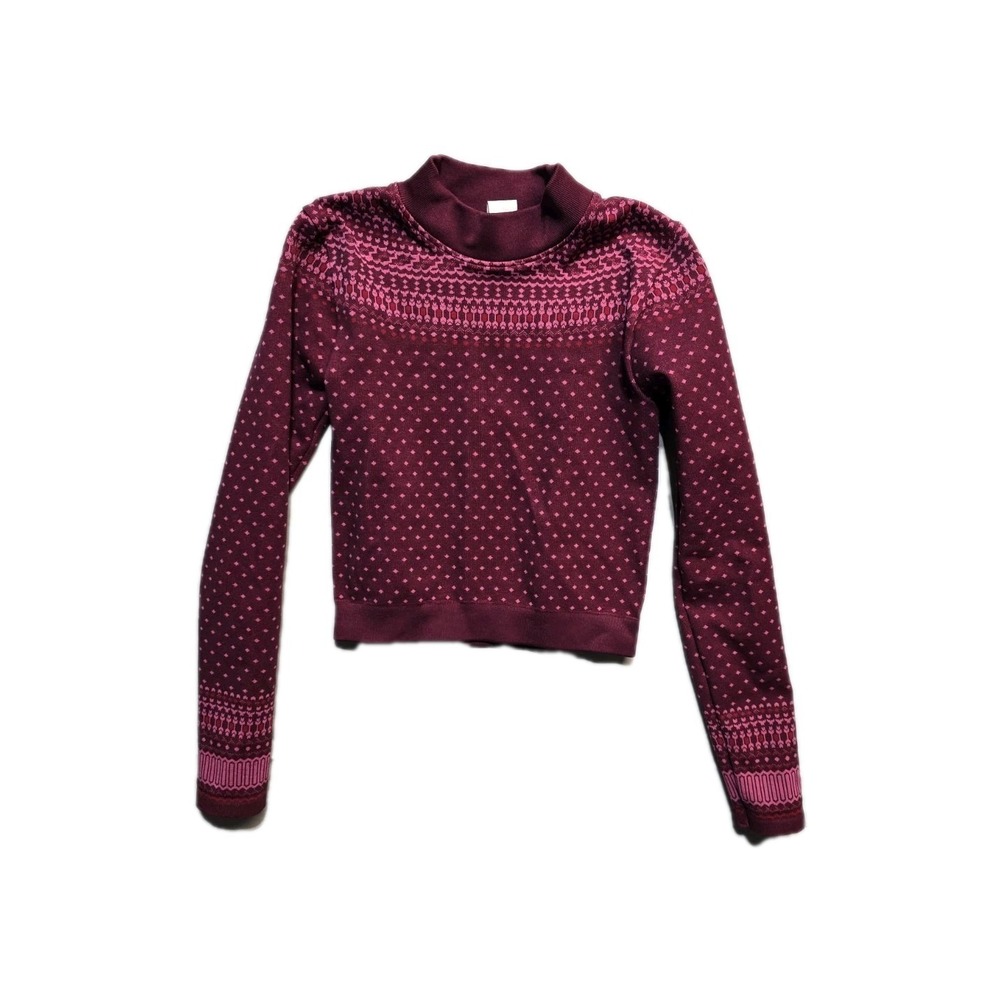 Fabletics Holly Seamless Shirt Womens XS Burgundy Fair Isle Cropped Mock